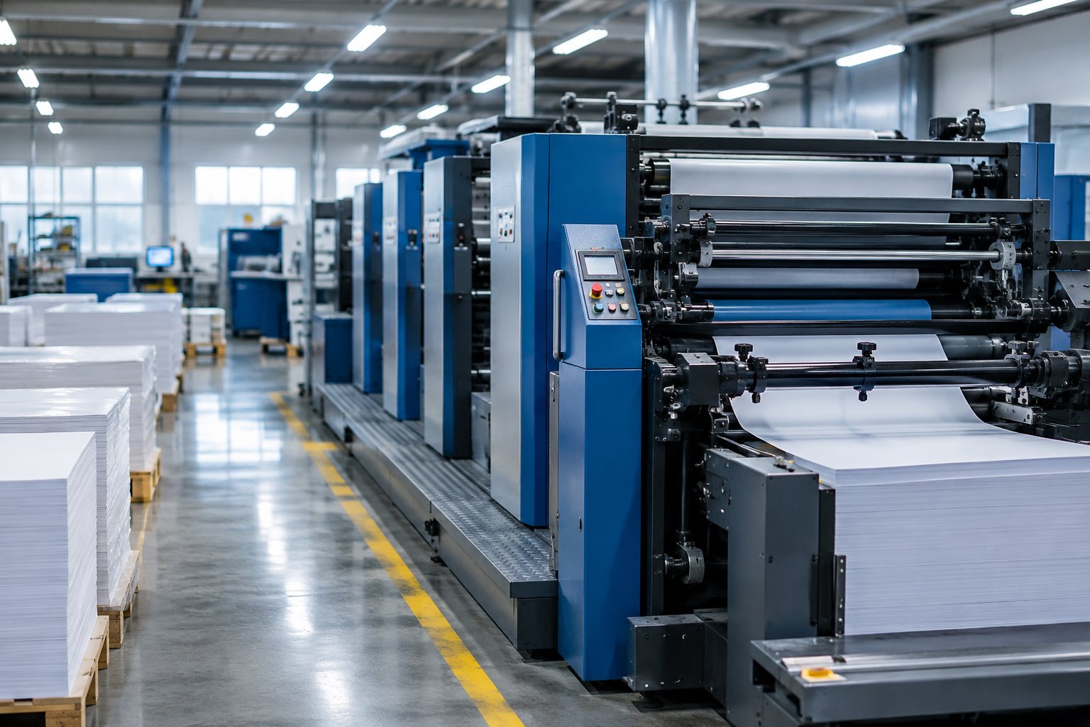 A row of large format offset printing presses running sheets in a bright production hall, with pallets of blank paper alongside.