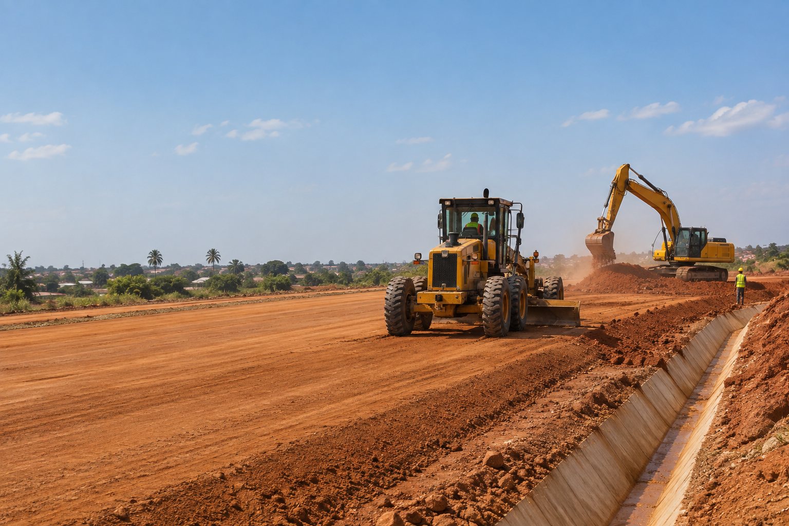 A motor grader levelling a wide laterite road corridor beside a newly cast concrete drainage channel.