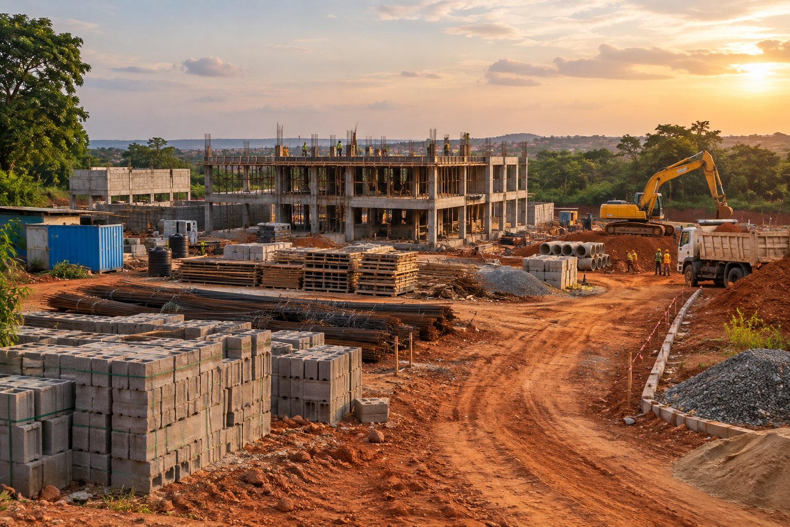 A construction site at sunset, with a partly built concrete frame, stacked blocks and reinforcement bars, an excavator and a tipper truck.